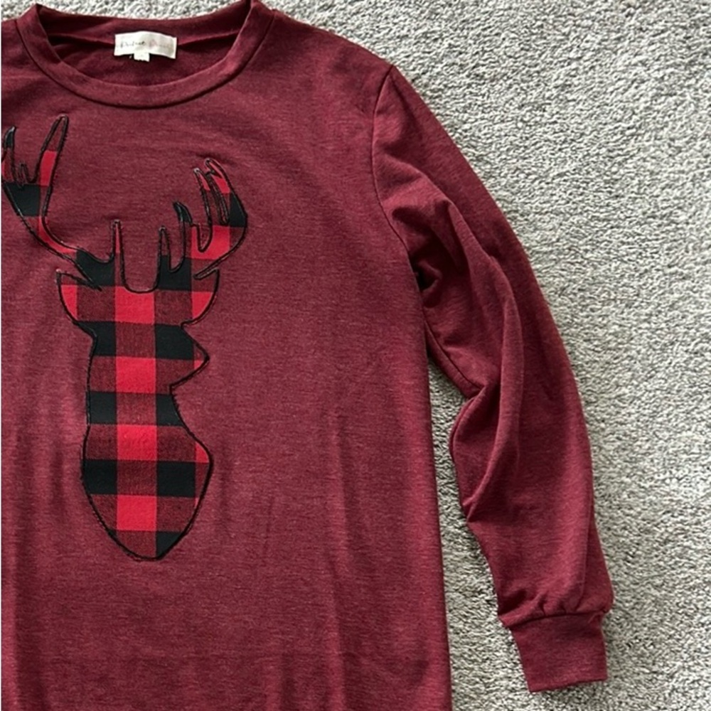 French Terry Long Sleeve Plaid Reindeer Top - Picture 3 of 6